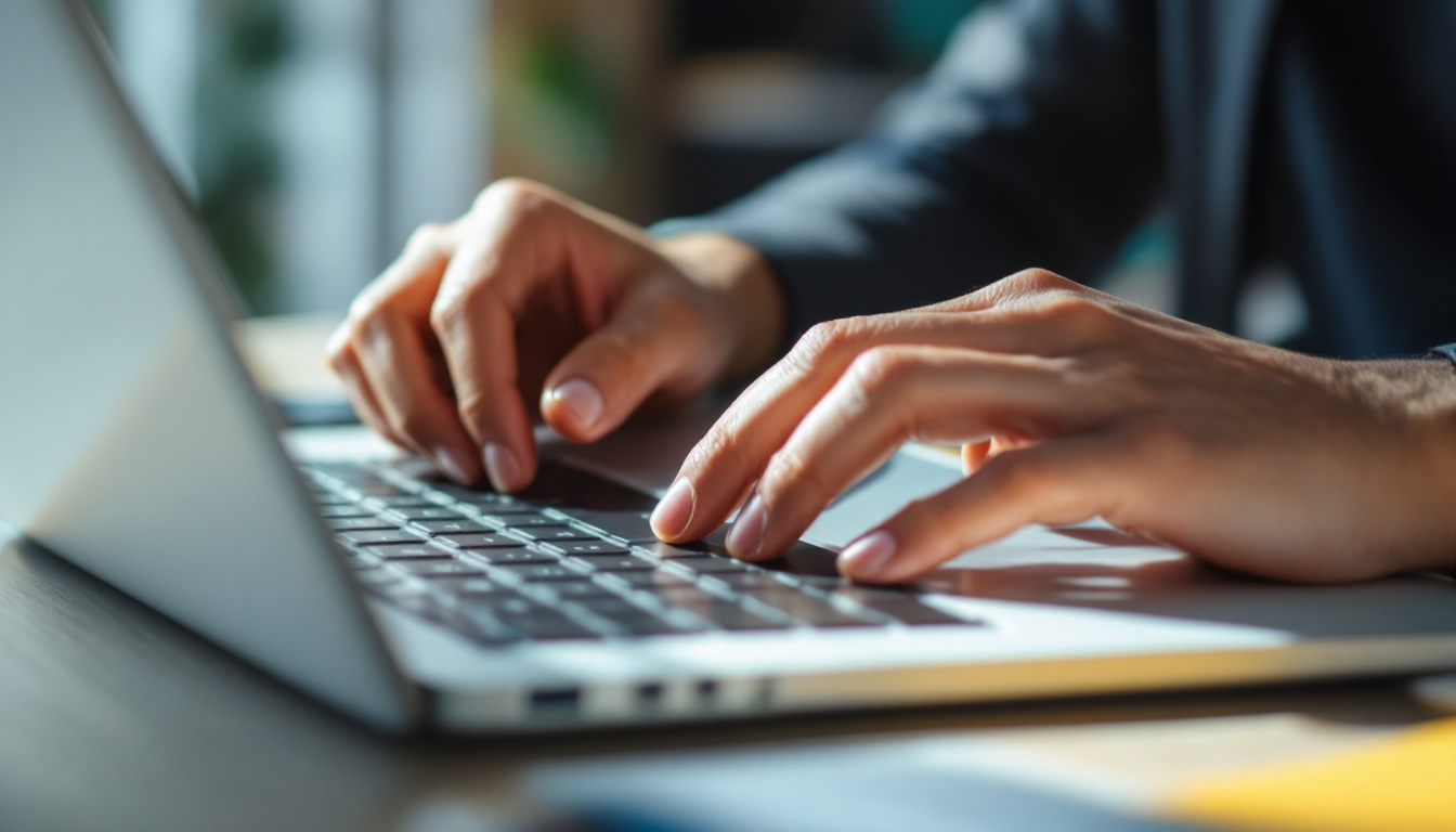 Hands typing on laptop business research