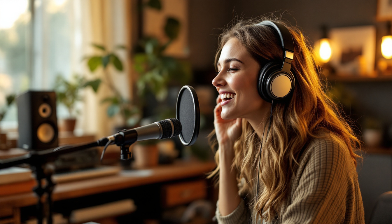 Woman recording voice in home studio