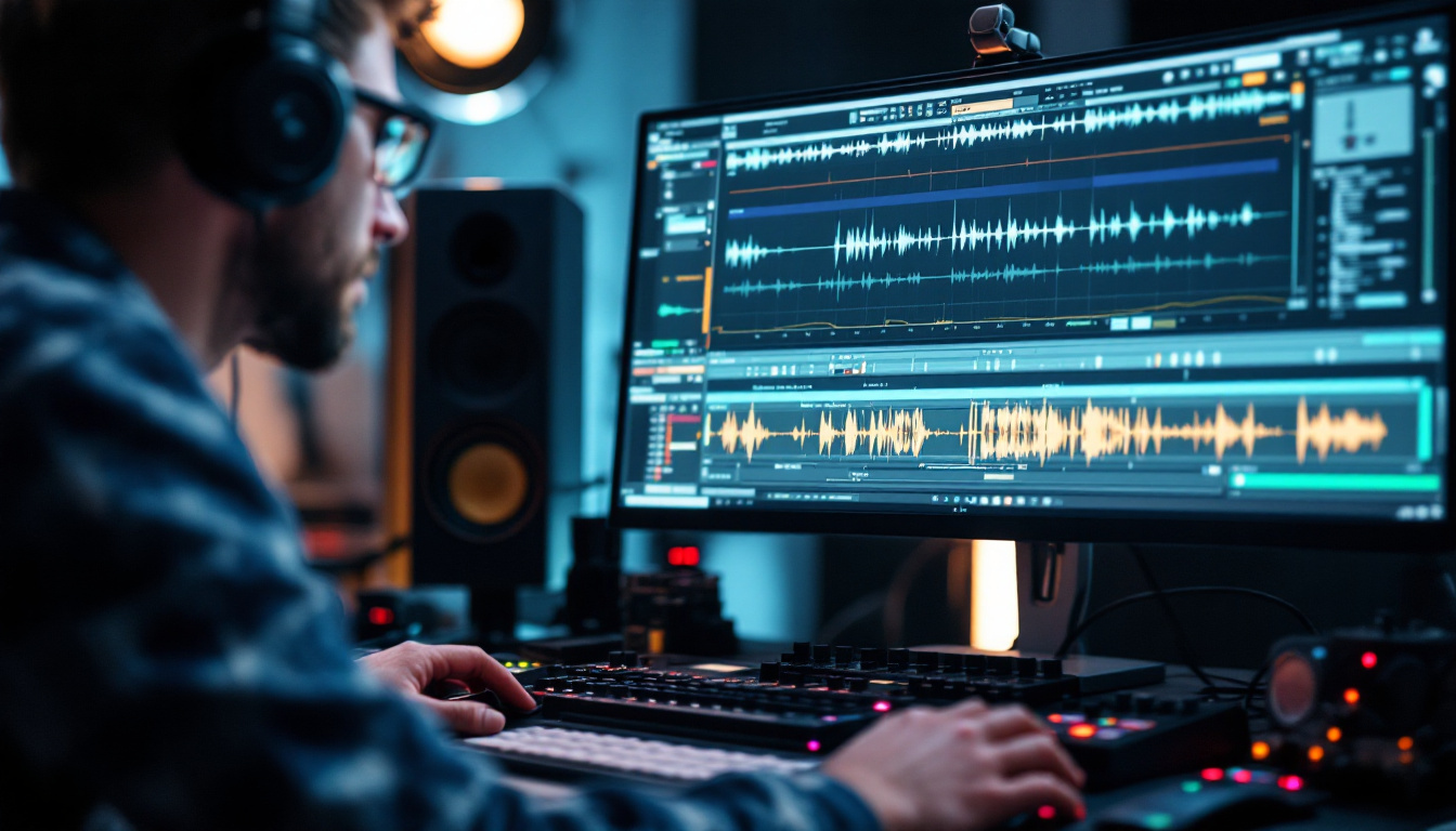 Audio engineer with waveforms